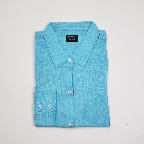 UNTUCKit Blush-Aqua Button-Up Shirt Womens Size 8 Aqua Blue Linen LS Regular Fit - Picture 6 of 14